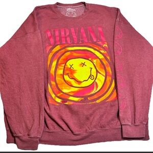 Nirvana Women’s L/XL sweatshirt, 50/50 cotton‑poly, bold smiley graphic